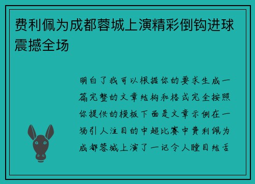 费利佩为成都蓉城上演精彩倒钩进球震撼全场